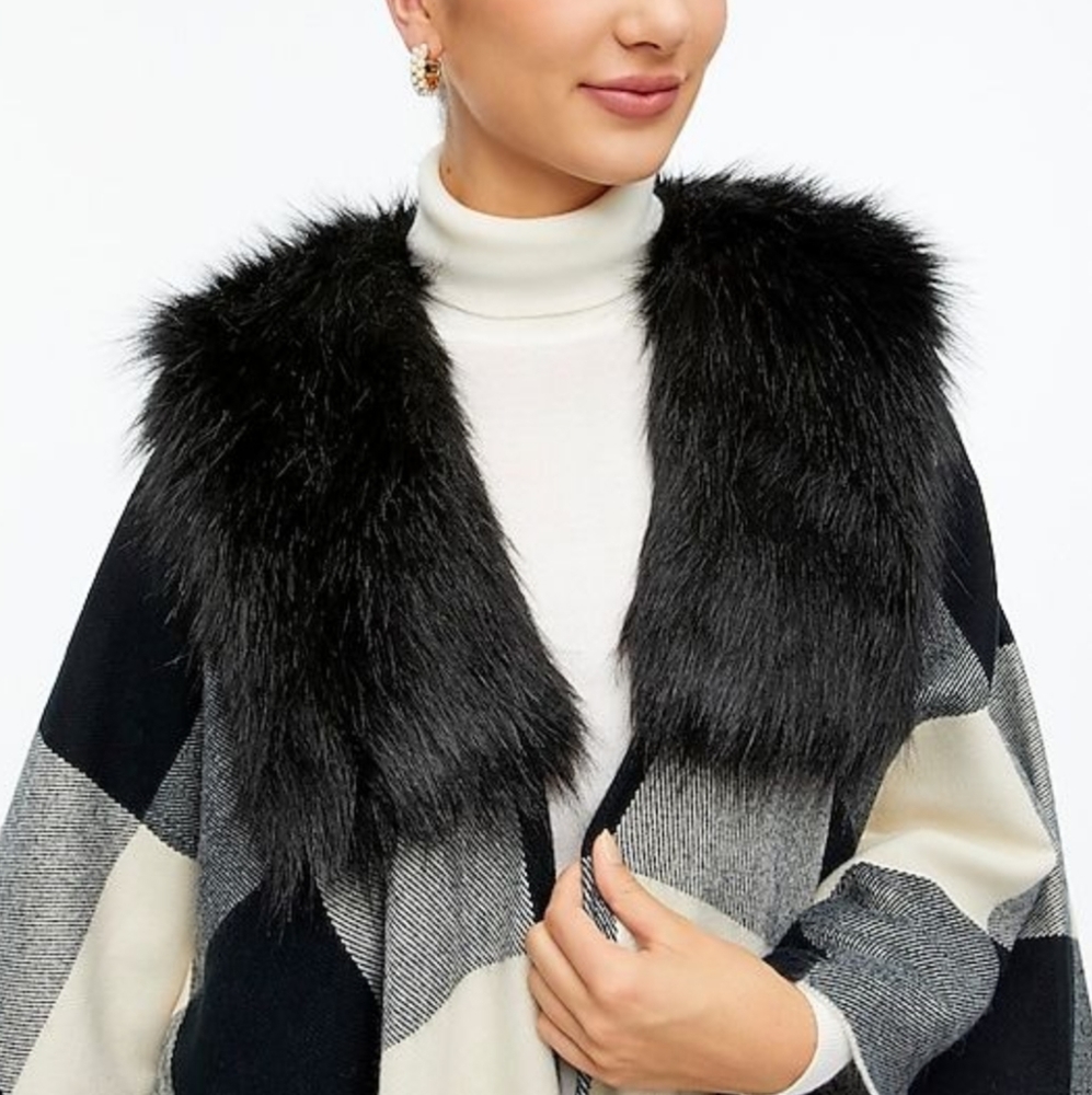 J. Crew Faux-fur Plaid Cape-Scarf NWT